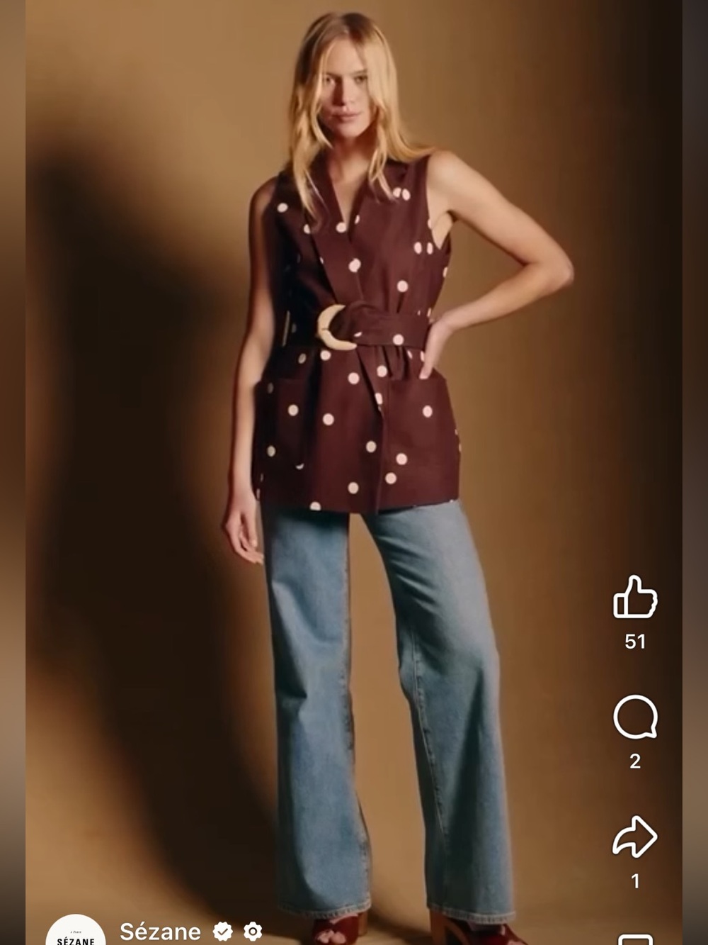 Sezane polka dot Martina jacket vest in brown size 36